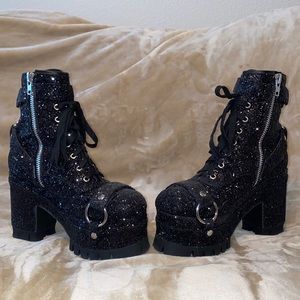 Dolls Kill Current Mood Black Sparkly Glitter Ankle Platform Boots